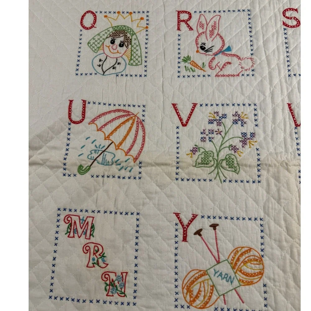 Vintage‎ Bucilla Alphabet Quilted Crib Cover and Bibs Set Hand Embroidered 70s